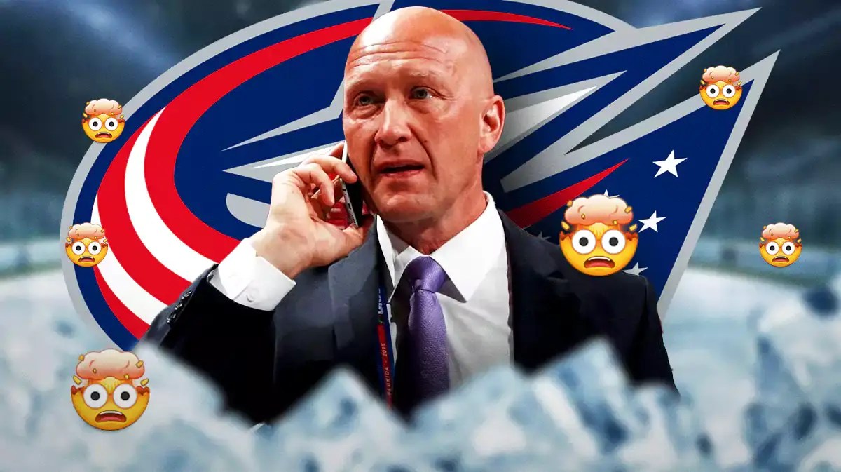 Jarmo Kekalainen in middle of image looking stern, 3-5 mind blown emojis, Columbus Blue Jackets logo, hockey rink in background