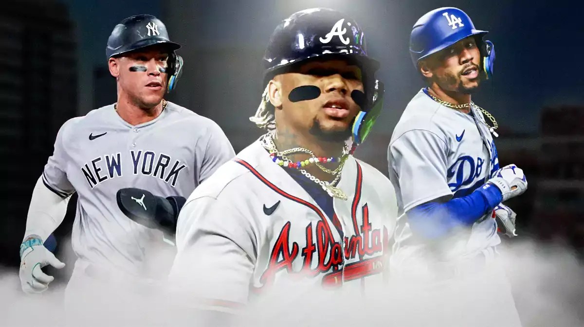 Ronald Acuna in the middle with a spotlight on him Aaron Judge and Mookie Betts on either side of Acuna