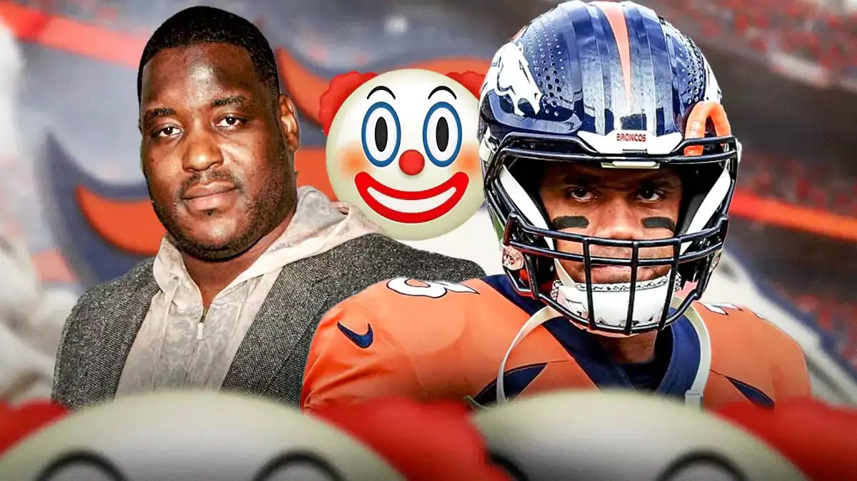 ESPN analyst Damien Woody (preferably a recent photo) looking at Broncos QB Russell Wilson with a clown emoji between them.