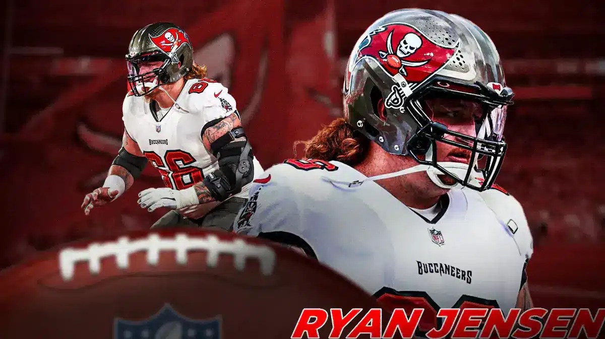 Tampa Bay Buccaneers star Ryan Jensen in front of Raymond James Stadium.