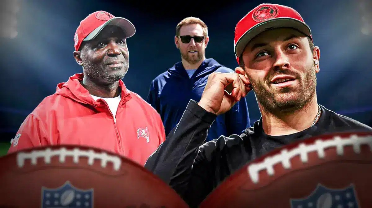 Baker Mayfield, Todd Bowles looking at Buccaneers OC Liam Coen