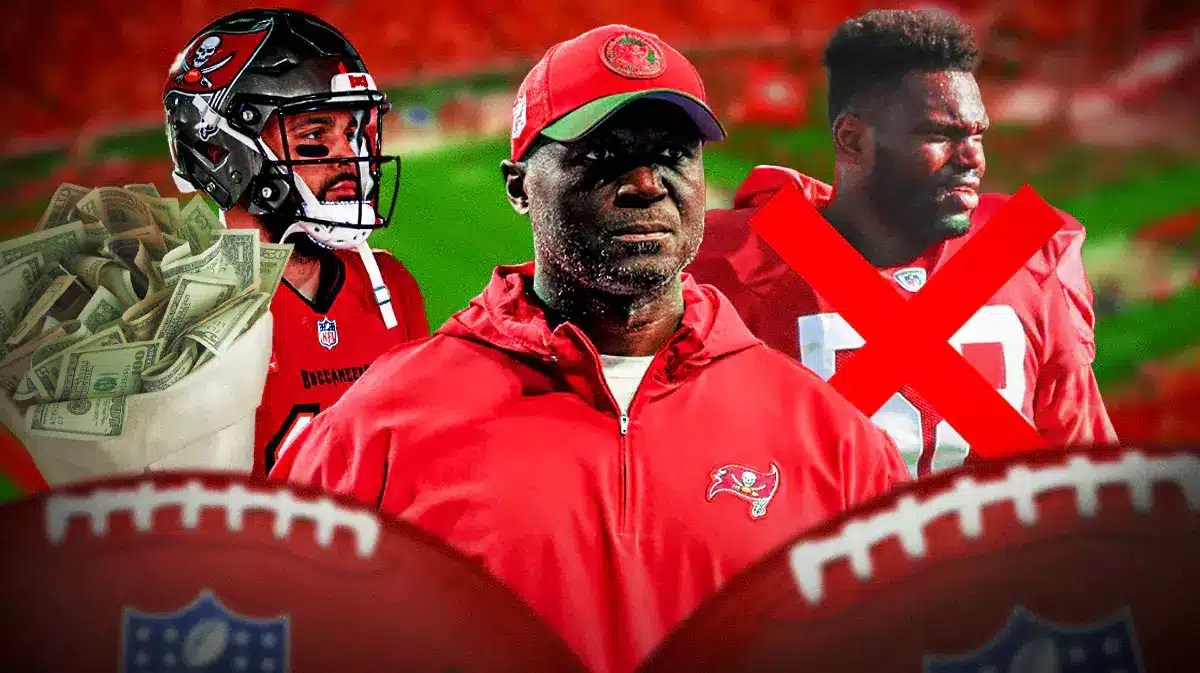 Buccaneers coach Todd Bowles looking at Shaq Barrett with a red X over him and Mike Evans holding a bag of money.