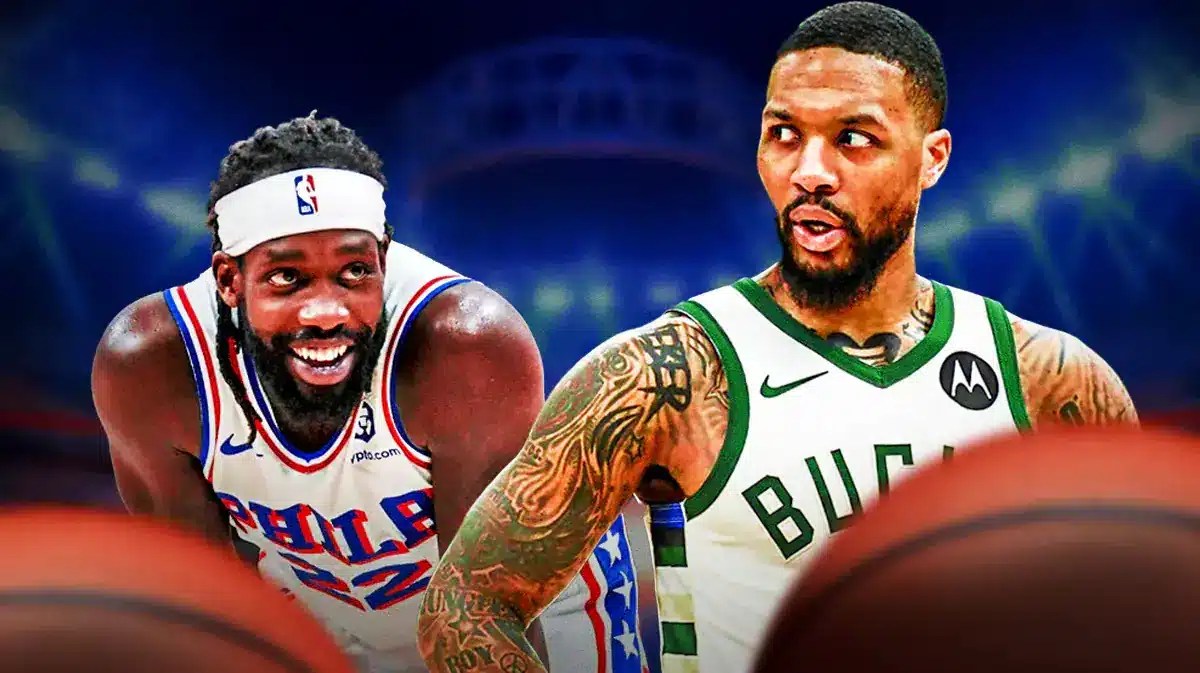 Bucks' Damian Lillard looking unhappy, looking a a smiling Patrick Beverley.