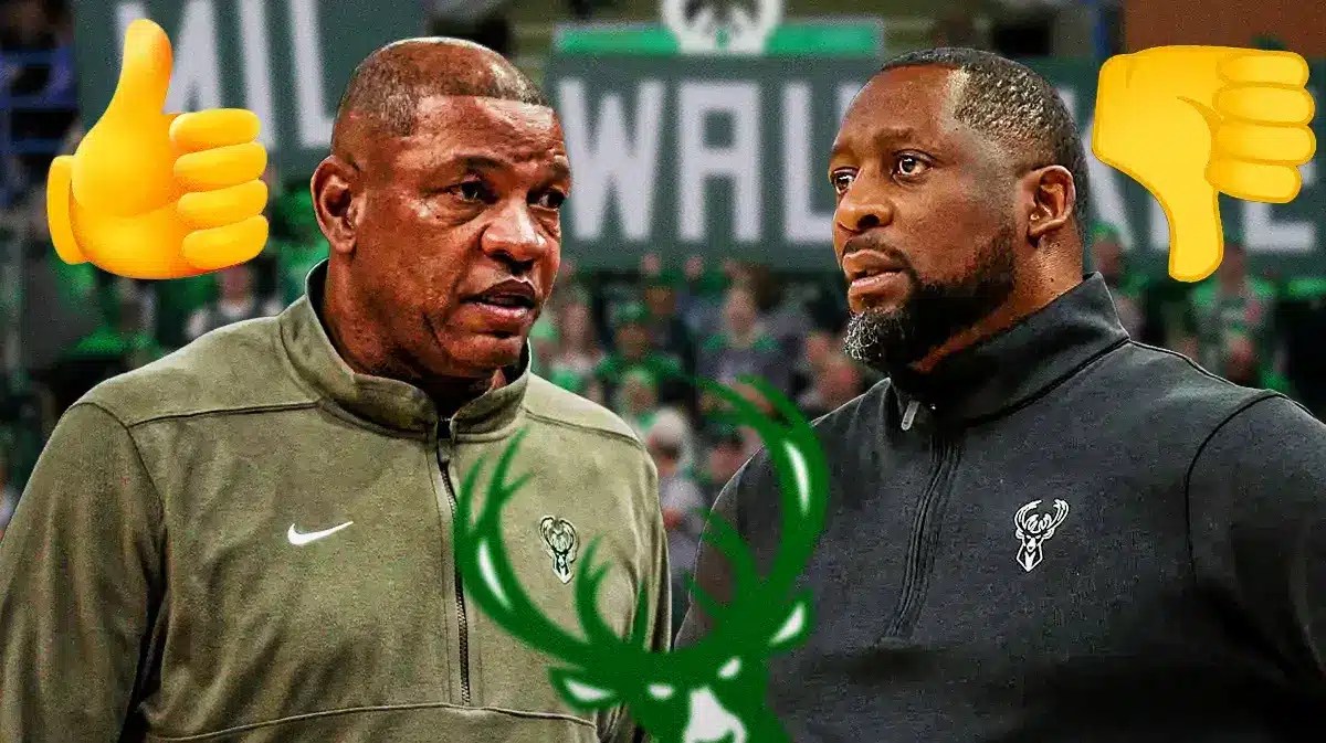 Bucks coach Doc Rivers with a thumbs up emoji over him and former Bucks head coach Adrian Griffin with a thumbs down emoji over him.