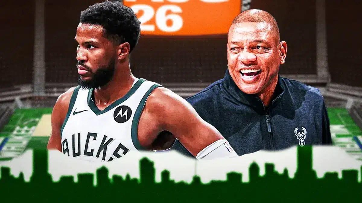 Milwaukee Bucks star Malik Beasley and head coach Doc Rivers in front of the Fiserv Forum.