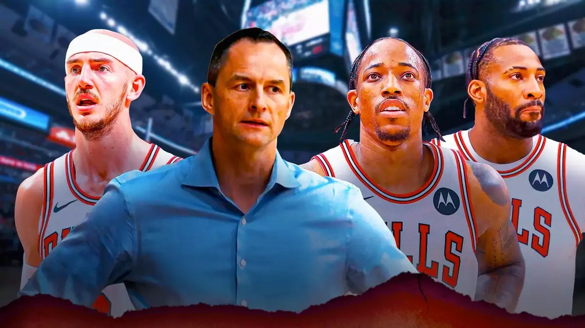 Bulls VP Arturas Karnisovas and players Alex Caruso, DeMar DeRozan and Andre Drummond