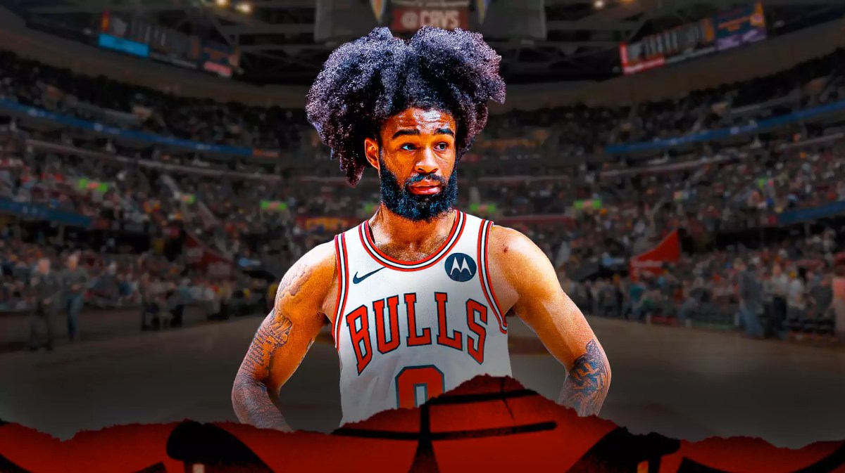 Bulls, Cavaliers, Coby White, Coby White Bulls, Bulls Cavaliers, Coby White in Bulls uni with Cavaliers arena in the background