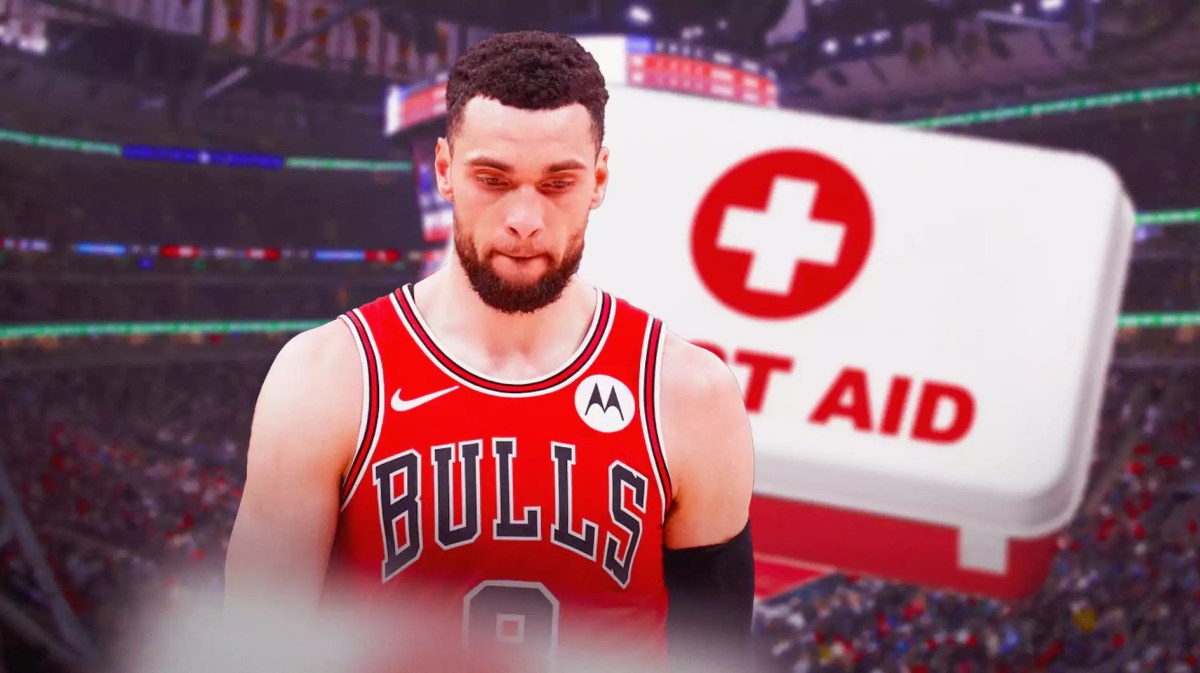 Bulls, Zach LaVine, Billy Donovan, Zach LaVine injury, NBA trade deadline, Zach LaVine in Bulls uni and first aid injury symbol with Bulls arena in the background