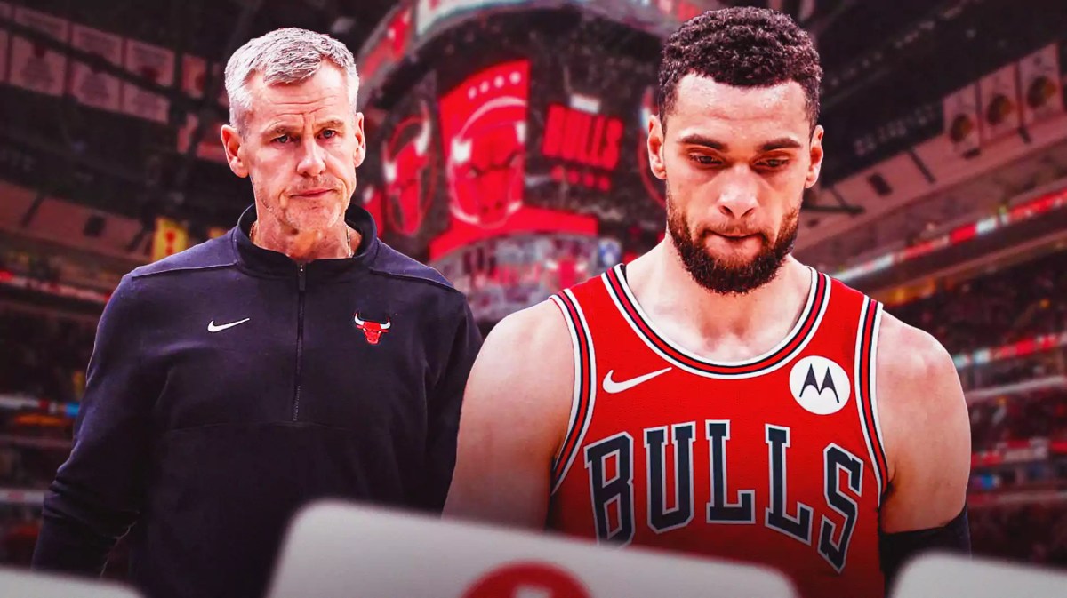 Bulls, Zach LaVine, Billy Donovan, Kings, Zach LaVine injury, Billy Donovan and Zach LaVine with Bulls arena in the background