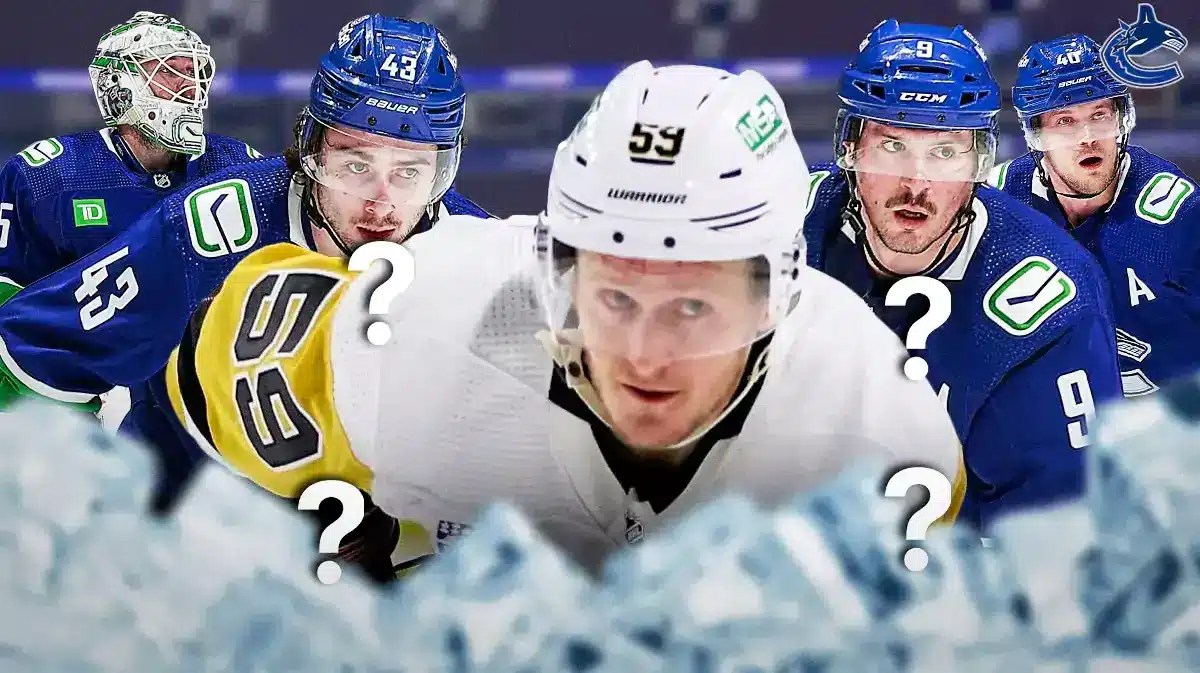 Elias Pettersson, JT Miller, Quinn Hughes and Thatcher Demko (2 on each side), a silhouetted Vancouver Canucks player in middle, VAN Canucks logo, 3-5 question marks, hockey rink in background