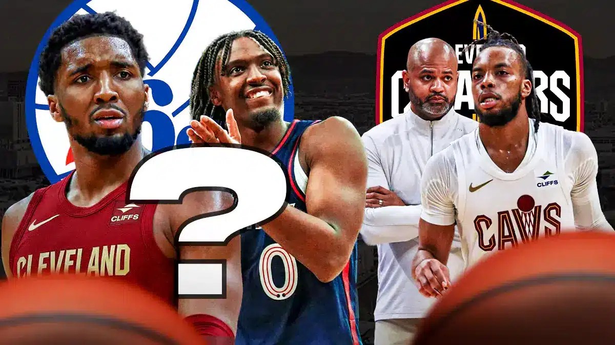 Donovan Mitchell with question mark next to 76ers' Tyrese Maxey and Cavs' Darius Garland, JB Bickerstaff