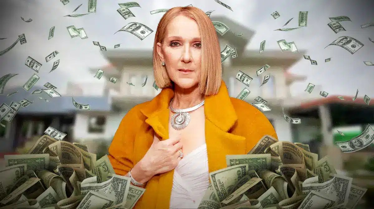 Celine Dion surrounded by piles of cash.