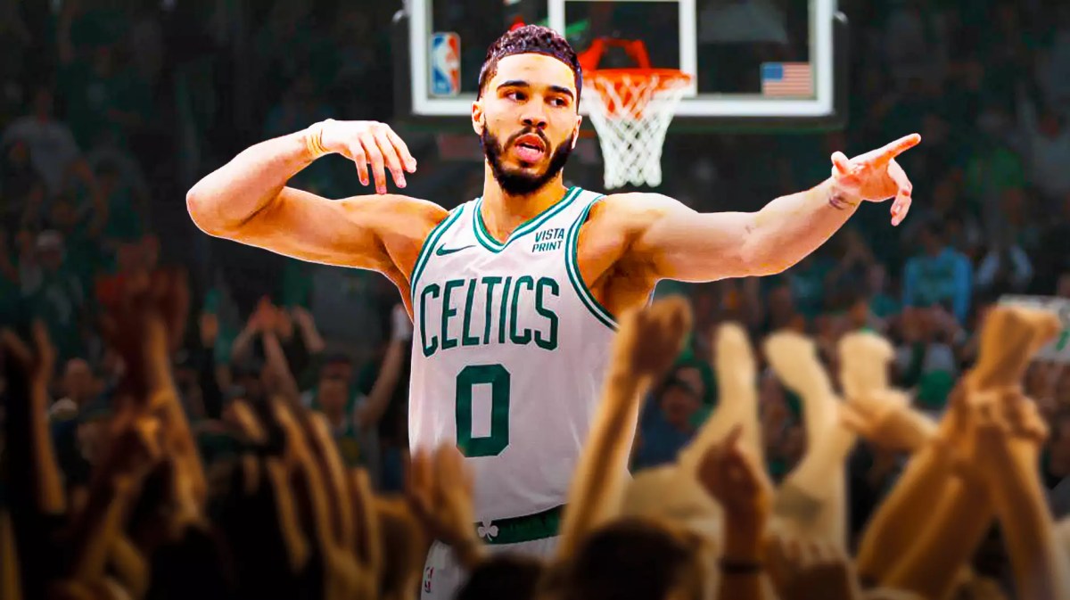 Jayson Tatum with the Celtics arena in the background
