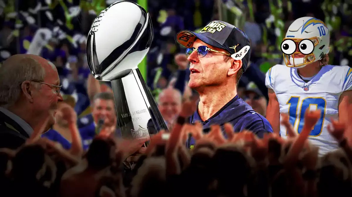 Chargers' Jim Harbaugh and Justin Herbert looking at Super Bowl trophy