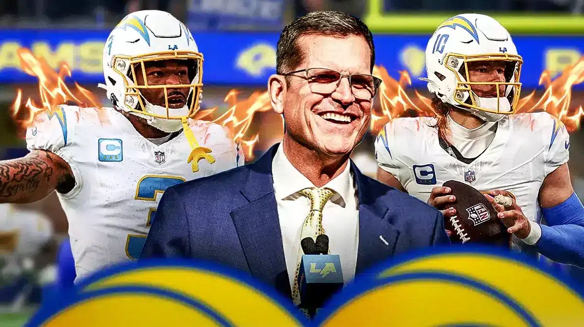 Former Michigan football coach Jim Harbaugh praises Justin Herbert and Derwin James at the Chargers' stadium
