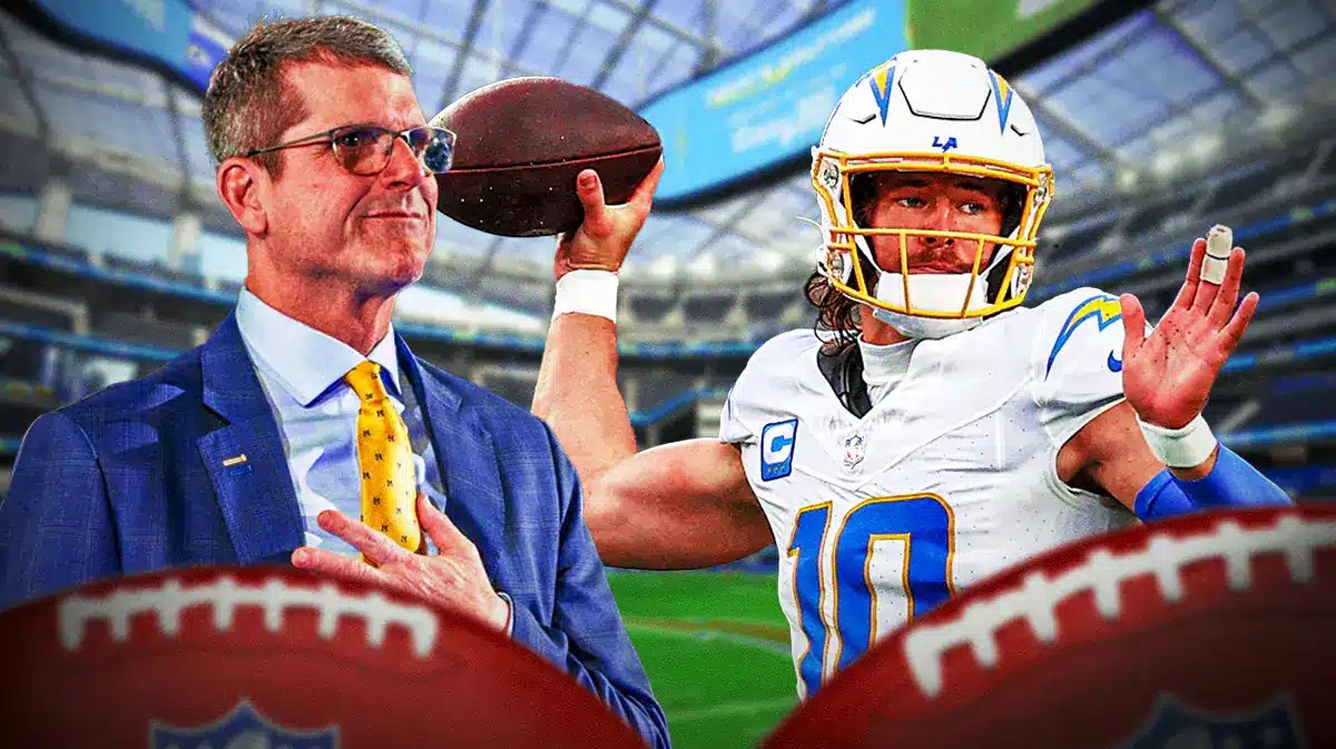 Chargers, Jim Harbaugh, Justin Herbert, Justin Herbert Chargers, Jim Harbaugh Chargers, Justin Herbert and Jim Harbaugh (in Chargers gear) with Chargers stadium in the background
