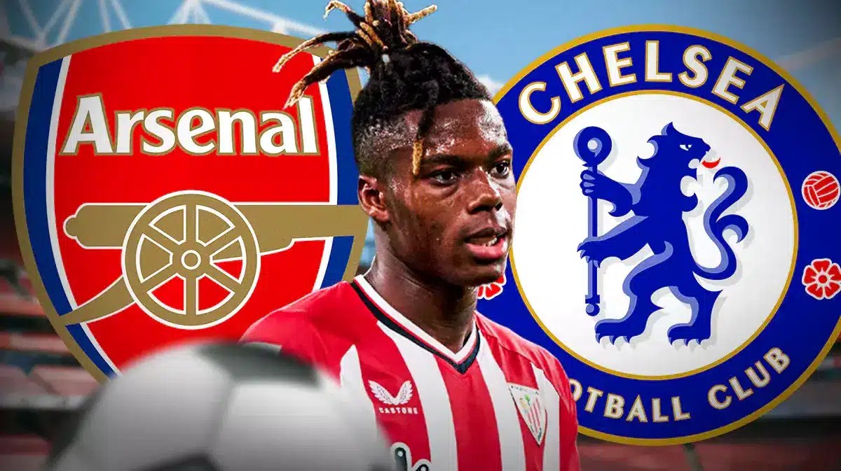 Nico Williams in front of the Chelsea and Arsenal logos