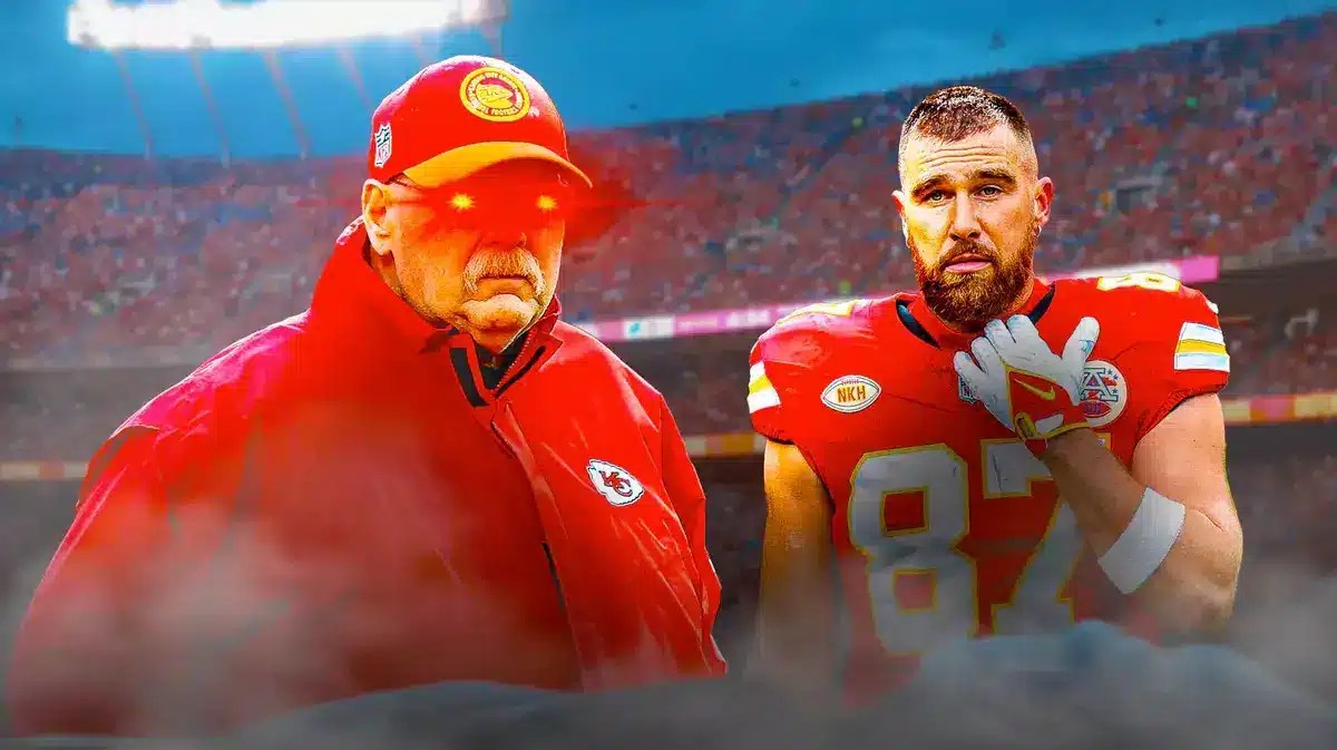 Andy Reid (Chiefs head coach) with woke eyes, Travis Kelce (Chiefs TE) looking serious