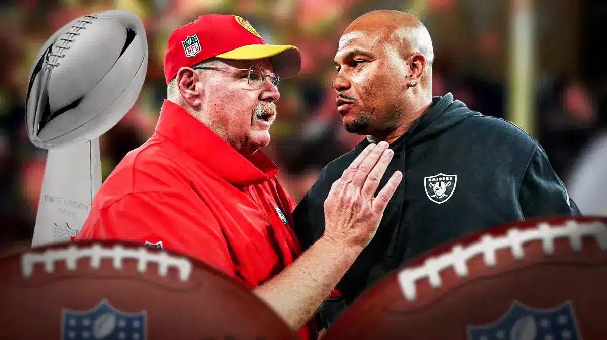 Chiefs coach Andy Reid and Raiders coach Antonio Pierce talking.
