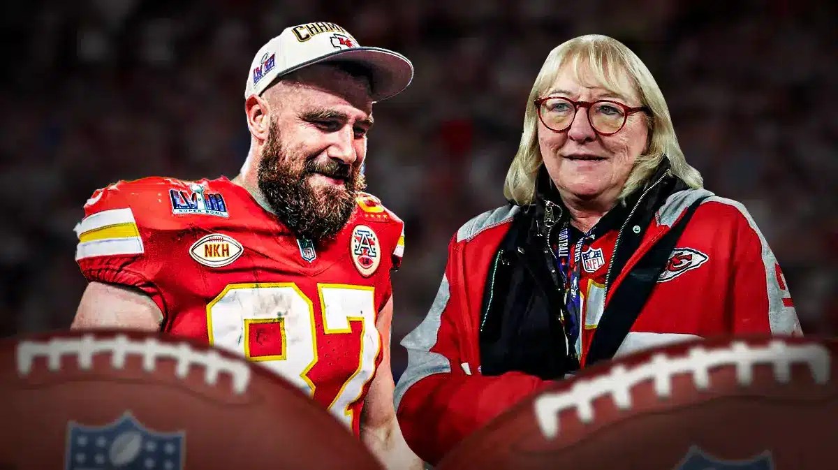 Donna Kelce next to Travis Kelce, both in Kansas City Chiefs jerseys