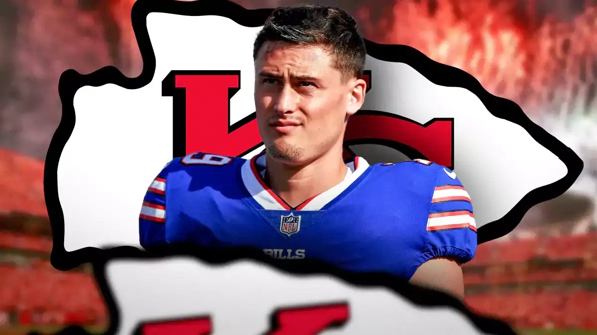 Ex-Bills punter Matt Araiza stands in front of Chiefs logo after battling a rape lawshuit