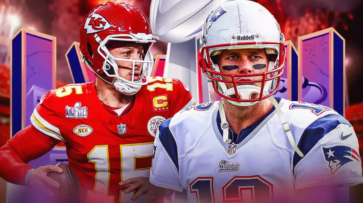 Patrick Mahomes. Tom Brady in a Patriots uniform. Super Bowl 58 logo in background
