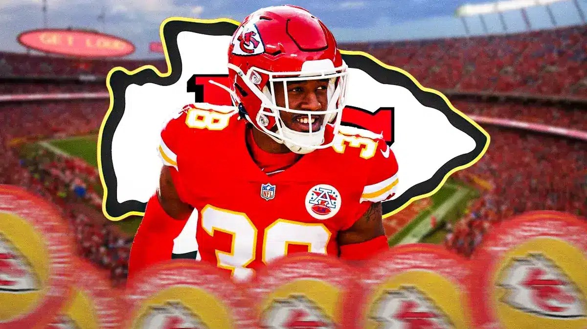 Photo: L’Jarius Sneed in Chiefs gear with Chiefs logo behind him