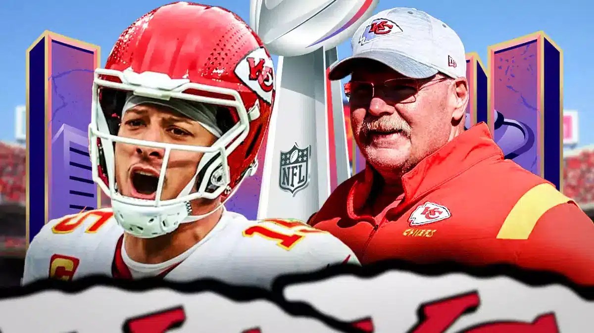 Patrick Mahomes and Andy Reid smiling, Super Bowl 58 logo