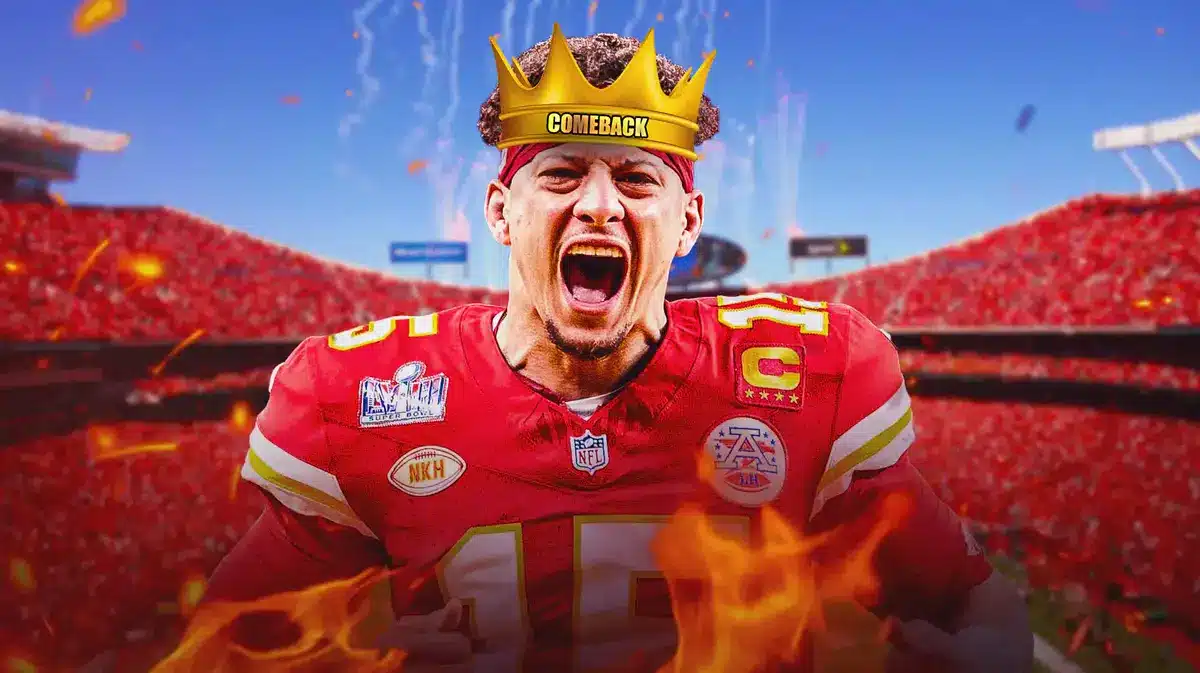 Chiefs' Patrick Mahomes with a crown inscribed with the word COMEBACK
