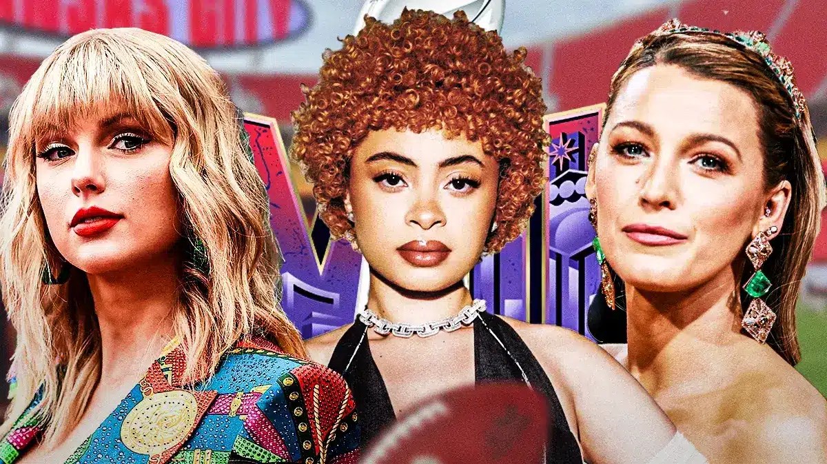 Taylor Swift, Ice Spice, Blake Lively. Super Bowl 58 logo