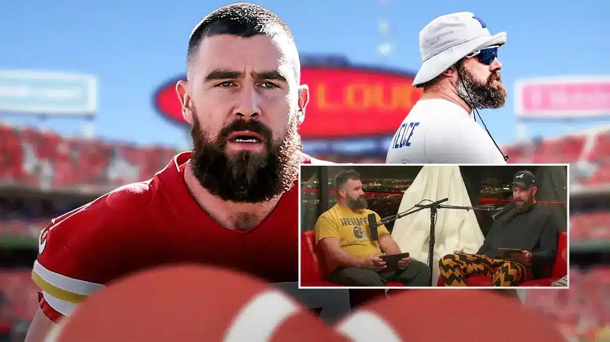 Pic of Travis and Jason Kelce donning impressive beards, and a still from their latest New Heights podcast discussing Travis' playoff beard