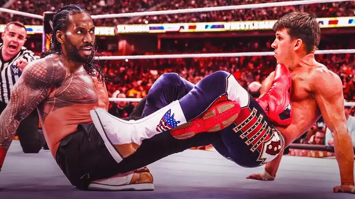 Clippers' Kawhi Leonard as Roman Reigns and Austin Reaves (Lakers) as Cody Rhodes