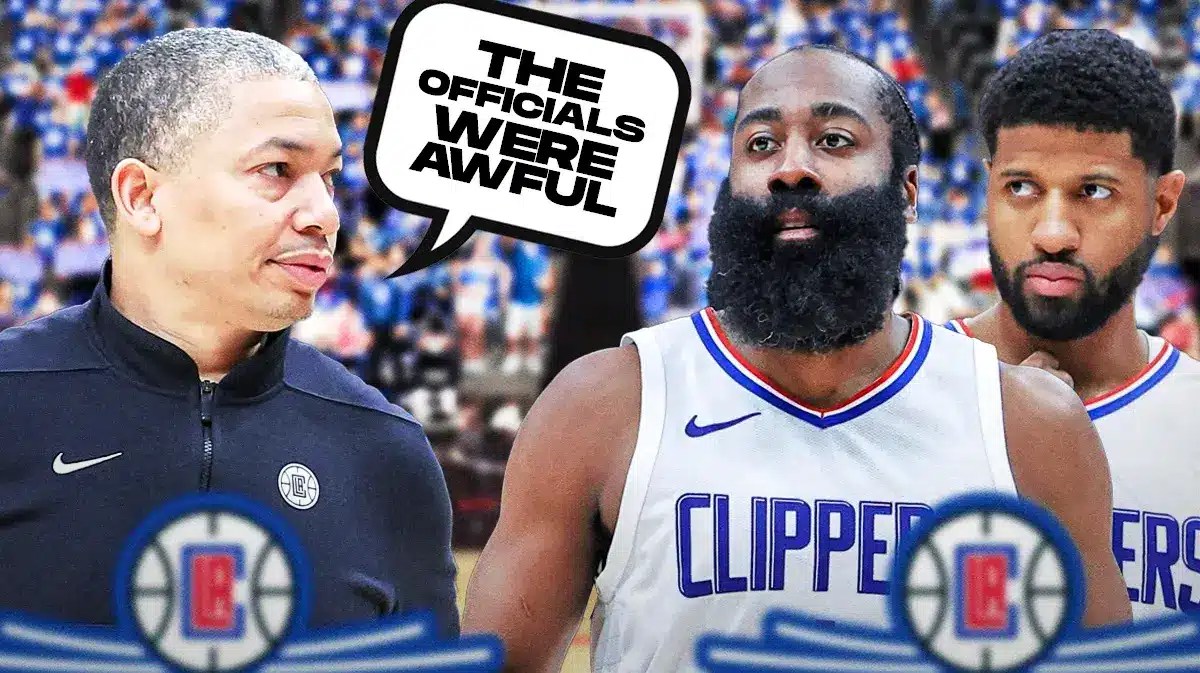 Ty Lue saying "The officials were horrible" next to James Harden, Paul George
