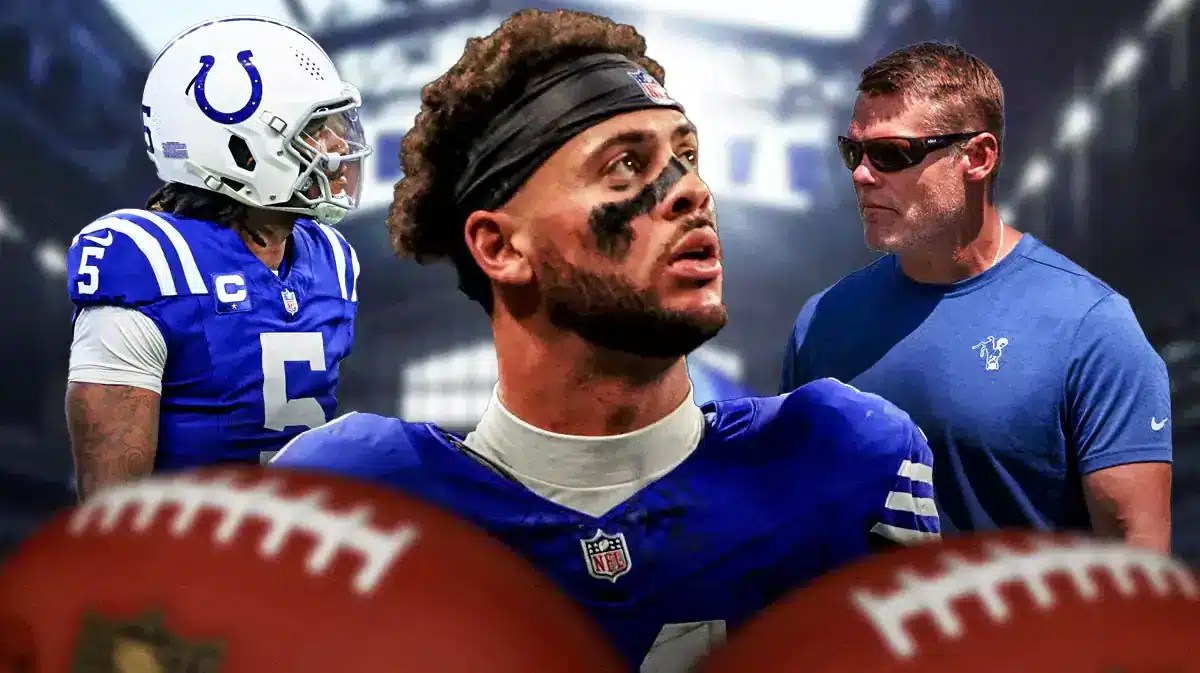 Colts WR Michael Pittman Jr. with Chris Ballard and Anthony Richardson looking at him.