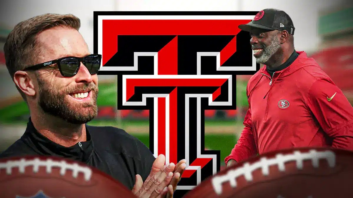 Commanders' coaches Kliff Kingsbury and Anthony Lynn next to the Texas Tech logo