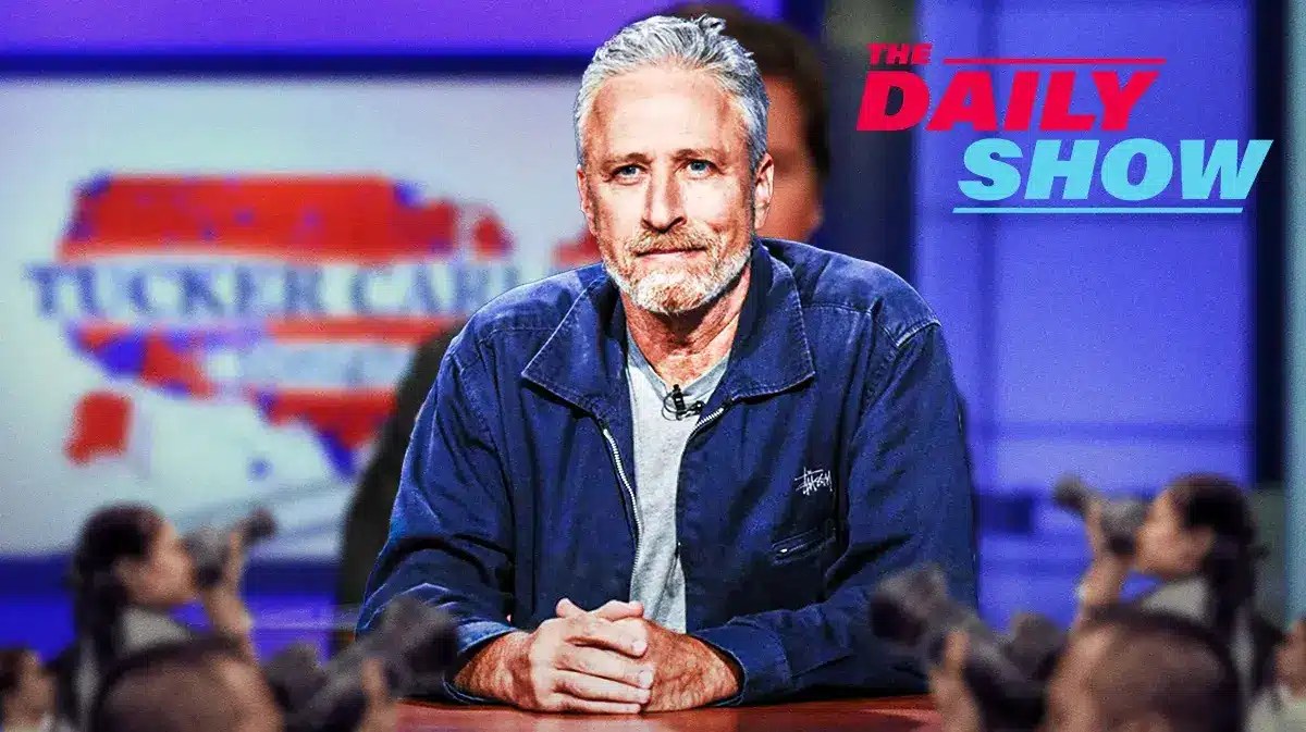 Jon Stewart with The Daily Show logo and background.