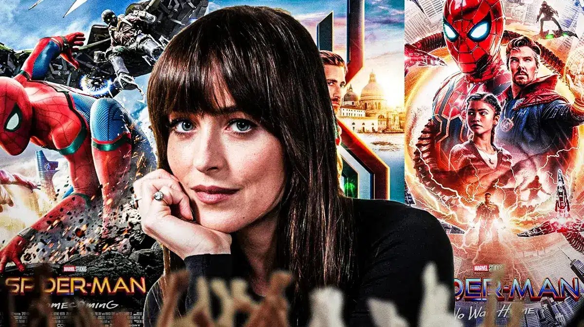 Madame Web star Dakota Johnson with posters of MCU Spider-Man Homecoming, Far From Home, and No Way Home behind her.