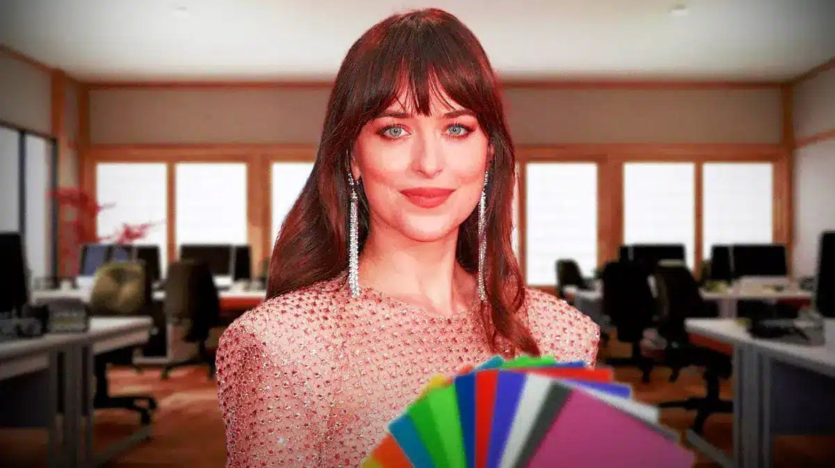 Dakota Johnson in an office.