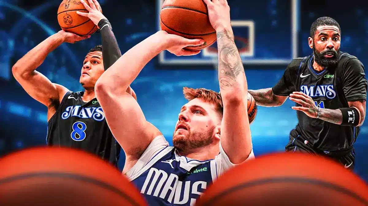 Mavericks' Luka Doncic shooting a basketball, Mavericks' Kyrie Irving dribbling a basketball, Mavericks' Josh Green shooting a basketball.