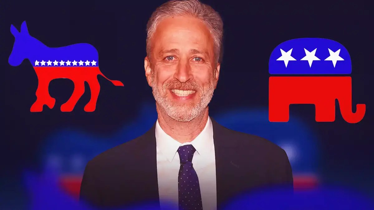 Jon Stewart in the middle, Democrat logo of donkey on the left, Republican logo of elephant on the right.