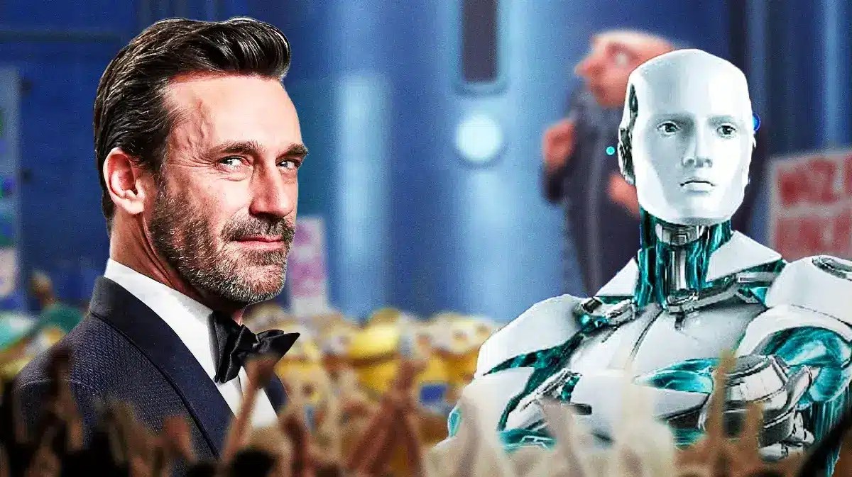 Despicable Me, Jon Hamm, AI, and Minions in the background.