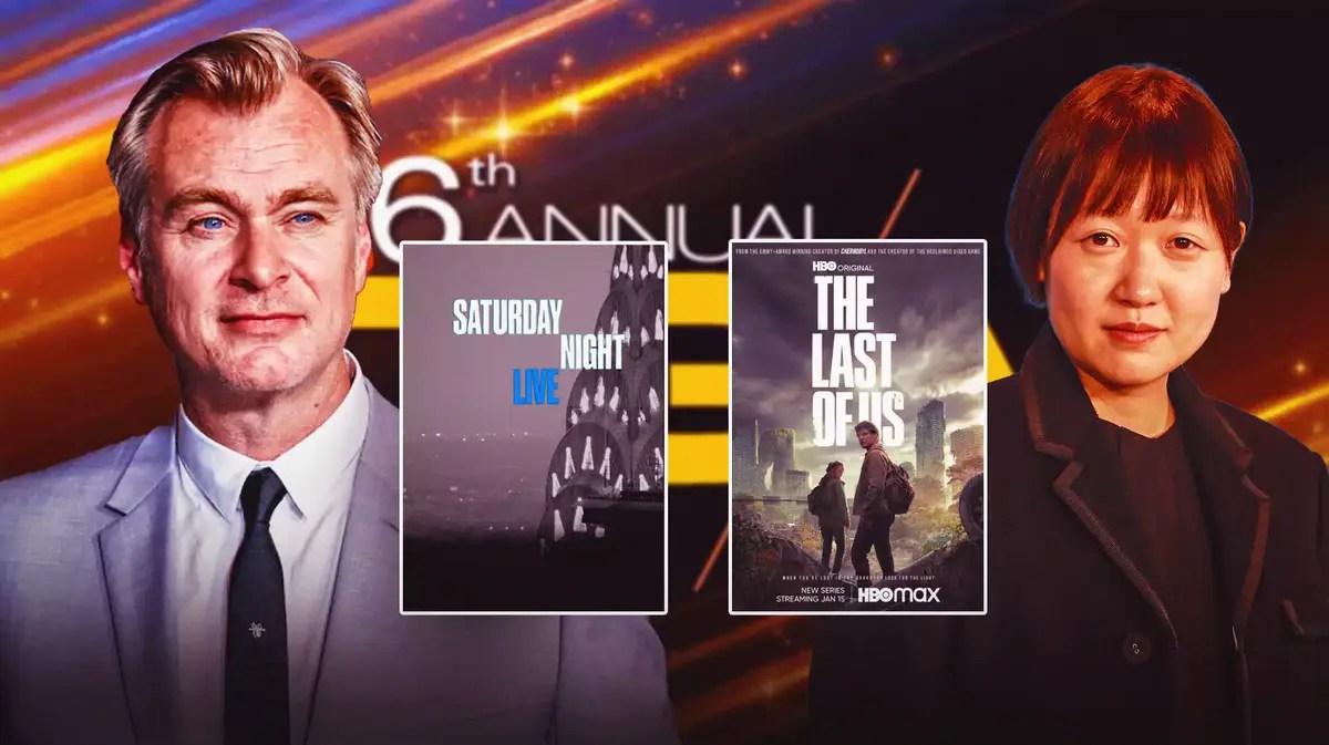Christopher Nolan on one side, Celine Song on the other; SNL and The Last of Us posters in the middle; Background: The 76th DGA Awards