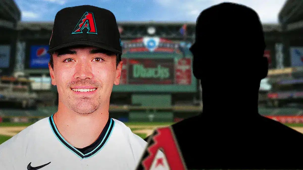 Corbin Carroll next to a silhouette of Juan Soto