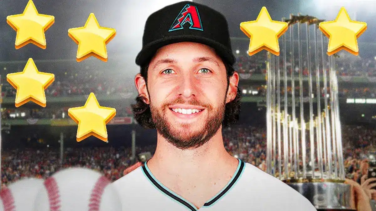Diamondbacks pitcher Zac Gallen with stars and the World Series trophy in the background.