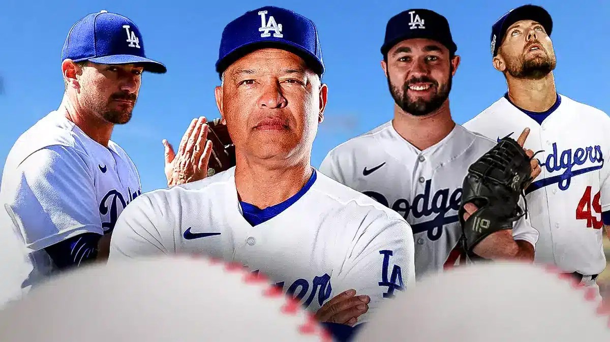 Dave Roberts in the middle. Blake Treinen, J.P. Feyereisen, and Daniel Hudson behind him (Los Angeles Dodgers)