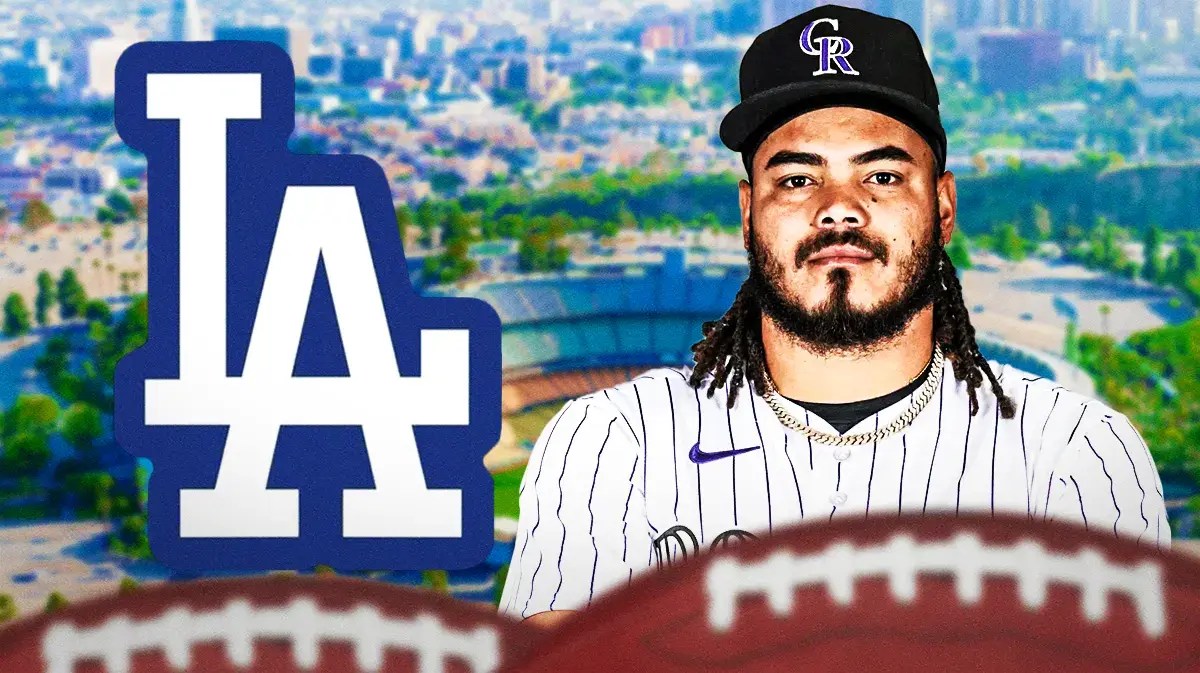 Former Padres and Red Sox pitcher Dinelson Lamet stands in front of Dodgers logo, MLB Free Agency callers out of frame