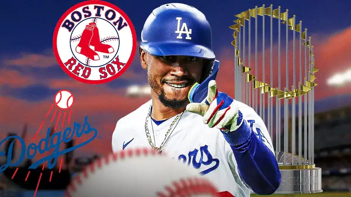 Mookie Betts (Dodgers) in front looking serious. World Series trophy, Red Sox logo, and Dodgers logo in background.