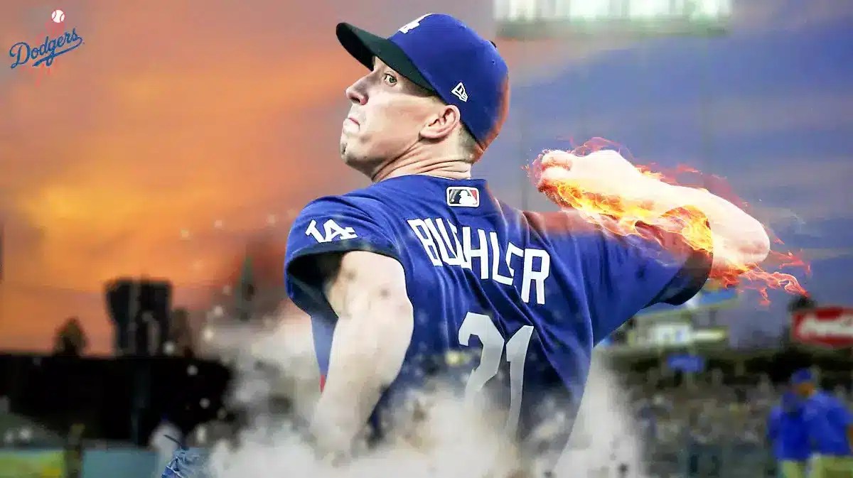 Dodgers Walker Buehler throwing a pitch with his arm made of fire at Dodgers Stadium