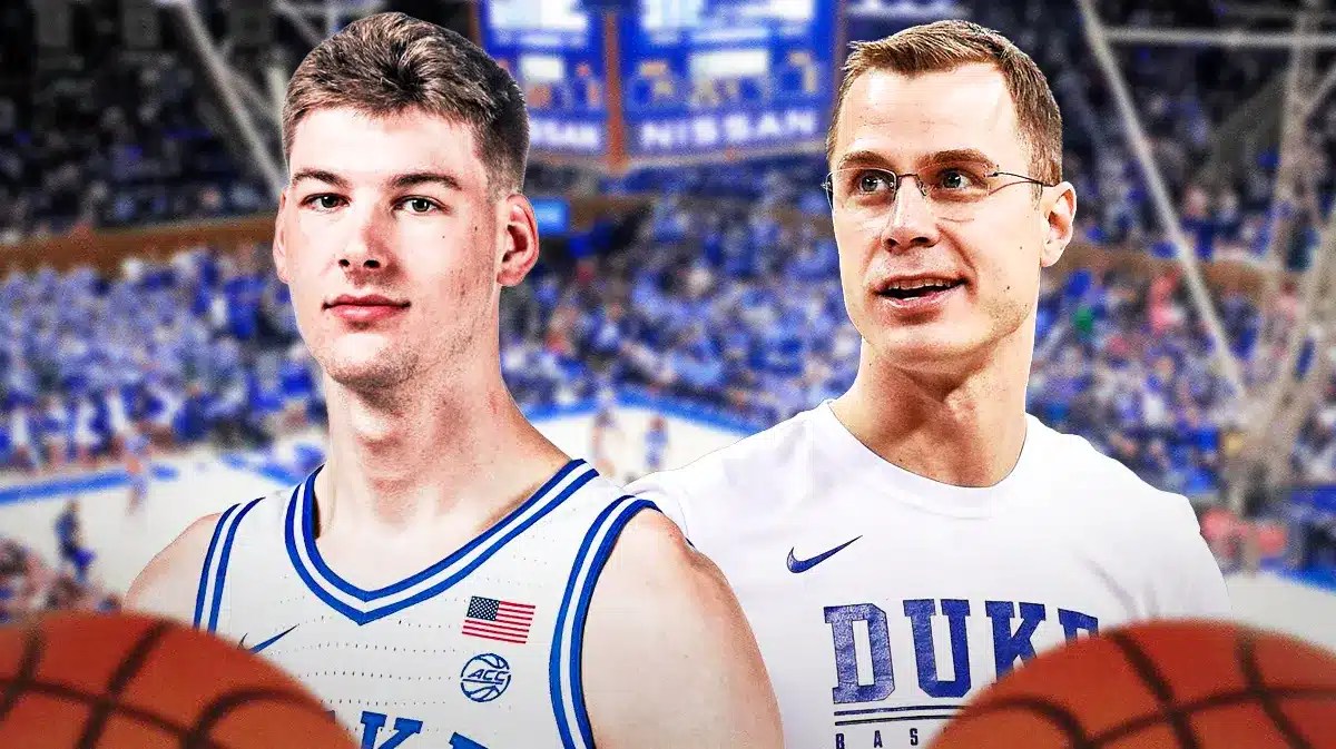 Duke basketball, Notre Dame basketball, Blue Devils, Kyle Filipowski, Jon Scheyer, Kyle Filipowski and Jon Scheyer with Duke basketball arena in the background