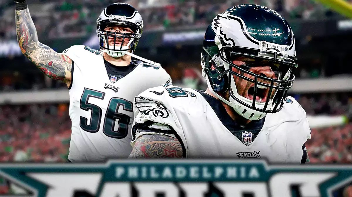 Eagles, Chris Long, Beau Allen, Jason Kelce, Jason Kelce Eagles, Chris Long in Eagles uni with Eagles stadium in the background